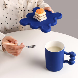Auramma Collections Avant Basic Funky Wavy Puddle Shape Matte Blue Glossy Silver Mug Plate Set