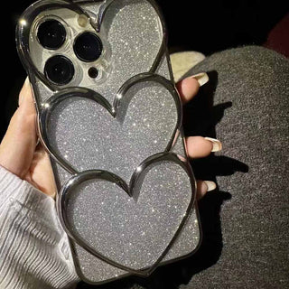 Auramma Collections Avant Basic Plain Silver Plated Shiny Glitter 3D Triple Heart Soft TPU Case iPhone 14 13 12 11 Pro Max