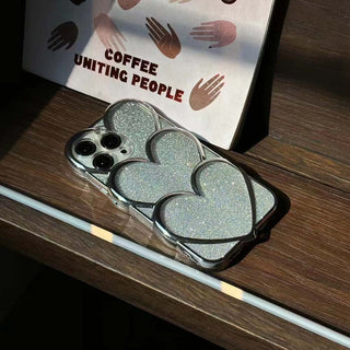 Auramma Collections Avant Basic Plain Silver Plated Shiny Glitter 3D Triple Heart Soft TPU Case iPhone 14 13 12 11 Pro Max