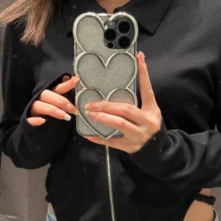 Auramma Collections Avant Basic Plain Silver Plated Shiny Glitter 3D Triple Heart Soft TPU Case iPhone 14 13 12 11 Pro Max