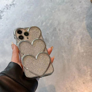 Auramma Collections Avant Basic Plain Silver Plated Shiny Glitter 3D Triple Heart Soft TPU Case iPhone 14 13 12 11 Pro Max