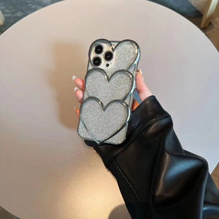 Auramma Collections Avant Basic Plain Silver Plated Shiny Glitter 3D Triple Heart Soft TPU Case iPhone 14 13 12 11 Pro Max