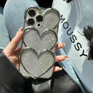Auramma Collections Avant Basic Plain Silver Plated Shiny Glitter 3D Triple Heart Soft TPU Case iPhone 14 13 12 11 Pro Max