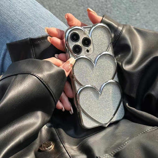 Auramma Collections Avant Basic Plain Silver Plated Shiny Glitter 3D Triple Heart Soft TPU Case iPhone 14 13 12 11 Pro Max