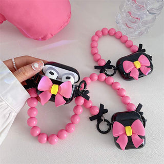 Auramma Collections Black Super Big XXL Pink Ribbon Bow Matching Beaded Charm Soft TPU Case AirPods 1 2 3 Pro