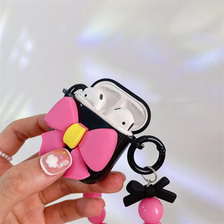 Auramma Collections Black Super Big XXL Pink Ribbon Bow Matching Beaded Charm Soft TPU Case AirPods 1 2 3 Pro