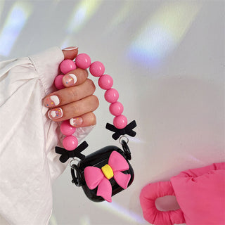 Auramma Collections Black Super Big XXL Pink Ribbon Bow Matching Beaded Charm Soft TPU Case AirPods 1 2 3 Pro