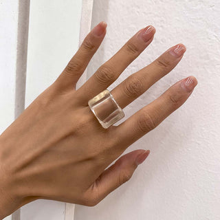 Auramma Collections Bold Color Block Yellow Blue Orange Red Green Clear Pink Khaki Beige Statement Big Brick Rectangle Shaped Rings
