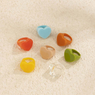 Auramma Collections Bold Color Block Yellow Blue Orange Red Green Clear Pink Statement Big Heart Shaped Rings