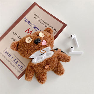Auramma Collections Cute Brown Furry Cozy Tongue Out Derpy Teddy Bear AirPods 1 2 Pro Case