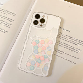 Auramma Collections Clear Wavy White Melting Colorful Flower Bear Outline TPU Case iPhone 14 13 12 11 Pro Max Plus Mini