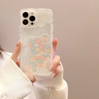 Auramma Collections Clear Wavy White Melting Colorful Flower Bear Outline TPU Case iPhone 14 13 12 11 Pro Max Plus Mini