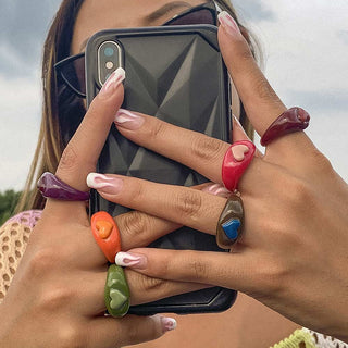 Auramma Collections 2022 Hottest Trend Color Block Bicolor Purple Orange Green Hot Pink Dark Red Coffee Resin Rings