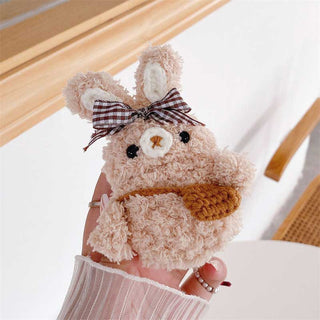 Auramma Collections Cozy Soft Plush Brown Ribbon Removable Bag Rabbit Bunny AirPods 1 2 3 Pro TPU Case