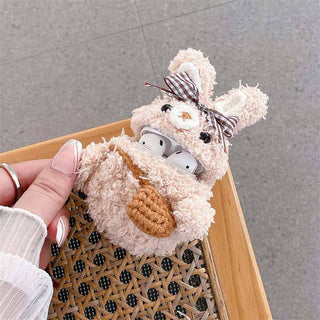 Auramma Collections Cozy Soft Plush Brown Ribbon Removable Bag Rabbit Bunny AirPods 1 2 3 Pro TPU Case