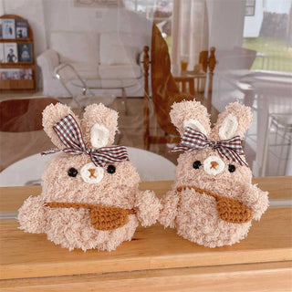 Auramma Collections Cozy Soft Plush Brown Ribbon Removable Bag Rabbit Bunny AirPods 1 2 3 Pro TPU Case