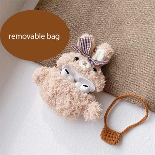 Auramma Collections Cozy Soft Plush Brown Ribbon Removable Bag Rabbit Bunny AirPods 1 2 3 Pro TPU Case