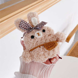 Auramma Collections Cozy Soft Plush Brown Ribbon Removable Bag Rabbit Bunny AirPods 1 2 3 Pro TPU Case