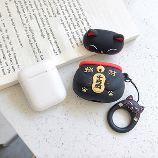 Auramma Collections Cute 3D Black White Red Japanese Lucky Cat Silicone Case For AirPods 1 2 3 Pro