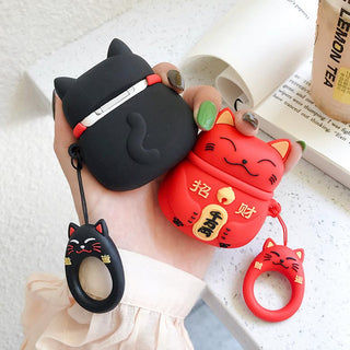 Auramma Collections Cute 3D Black White Red Japanese Lucky Cat Silicone Case For AirPods 1 2 3 Pro