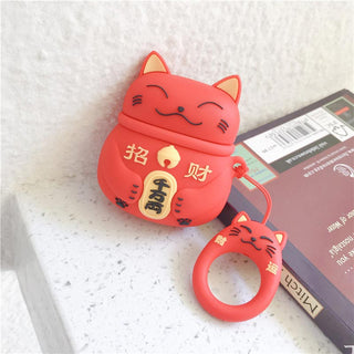 Auramma Collections Cute 3D Black White Red Japanese Lucky Cat Silicone Case For AirPods 1 2 3 Pro