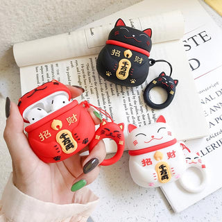 Auramma Collections Cute 3D Black White Red Japanese Lucky Cat Silicone Case For AirPods 1 2 3 Pro