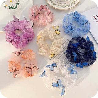Auramma Collections Creative Dreamy Cute Matching Color Butterfly On Pink Purple Navy Blue Yellow Orange White Sheer Scrunchie