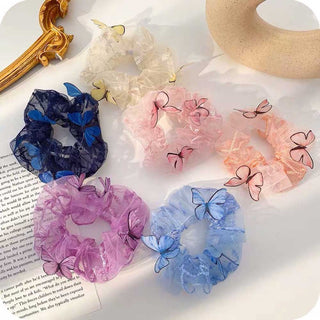 Auramma Collections Creative Dreamy Cute Matching Color Butterfly On Pink Purple Navy Blue Yellow Orange White Sheer Scrunchie