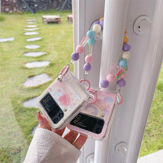 Auramma Collections Cute Dreamy Illustration Y2K Style Pink Blue Purple Cloud Moon Hearts Planet Stars Boat Design Colorful Flower Beaded Charm Soft TPU Case Samsung Galaxy Z Flip 3 4