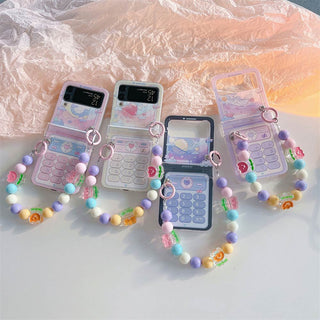 Auramma Collections Cute Dreamy Illustration Y2K Style Pink Blue Purple Cloud Moon Hearts Planet Stars Boat Design Colorful Flower Beaded Charm Soft TPU Case Samsung Galaxy Z Flip 3 4