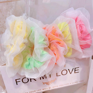 Auramma Collections Cute Summer Style Neon Green Pink Yellow Orange Double Layer White Sheer Scrunchie