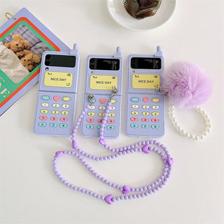 Auramma Collections Cute Y2K Style Purple Flip Phone Design Matching Chain Fur Ball Charm Soft TPU Case Samsung Galaxy Z Flip 3 4
