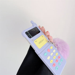 Auramma Collections Cute Y2K Style Purple Flip Phone Design Matching Chain Fur Ball Charm Soft TPU Case Samsung Galaxy Z Flip 3 4