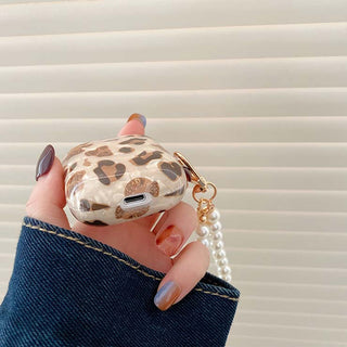 Auramma Collections Elegant Glittery Leopard Print TPU Case with Pearl Beaded Keychain for AirPods 1 2 3 Pro
