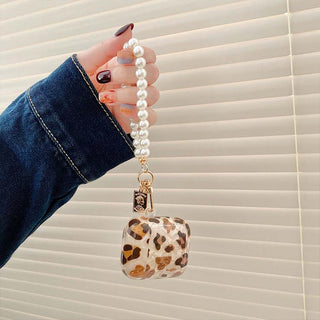 Auramma Collections Elegant Glittery Leopard Print TPU Case with Pearl Beaded Keychain for AirPods 1 2 3 Pro
