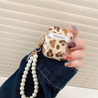 Auramma Collections Elegant Glittery Leopard Print TPU Case with Pearl Beaded Keychain for AirPods 1 2 3 Pro