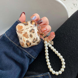 Auramma Collections Elegant Glittery Leopard Print TPU Case with Pearl Beaded Keychain for AirPods 1 2 3 Pro