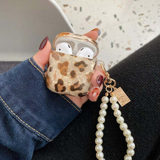 Auramma Collections Elegant Glittery Leopard Print TPU Case with Pearl Beaded Keychain for AirPods 1 2 3 Pro