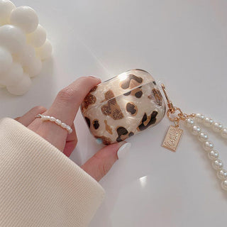 Auramma Collections Elegant Glittery Leopard Print TPU Case with Pearl Beaded Keychain for AirPods 1 2 3 Pro