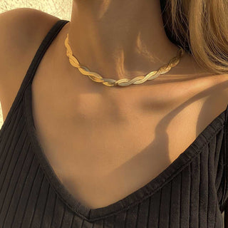 Auramma Collections Elegant Gold Plated Herringbone Flat Snake Surface Intertwined Design Necklace Choker