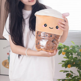 Auramma Collections Funky Kawaii Cute Blushing Milk Tea Soft Fleece Plushie Removable Funny Face Boba Balls