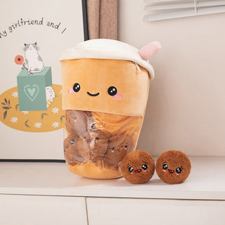 Auramma Collections Funky Kawaii Cute Blushing Milk Tea Soft Fleece Plushie Removable Funny Face Boba Balls