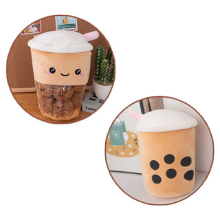 Auramma Collections Funky Kawaii Cute Blushing Milk Tea Soft Fleece Plushie Removable Funny Face Boba Balls
