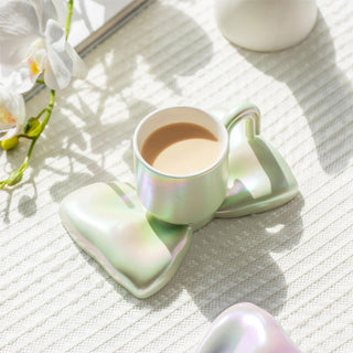 Auramma Collections Funky Kawaii Princess Fairy Radiant Pink Purple Green White Arch Handle Tea Cup Bowknot Plate Set
