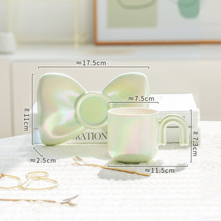 Auramma Collections Funky Kawaii Princess Fairy Radiant Pink Purple Green White Arch Handle Tea Cup Bowknot Plate Set