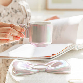 Auramma Collections Funky Kawaii Princess Fairy Radiant Pink Purple Green White Arch Handle Tea Cup Bowknot Plate Set
