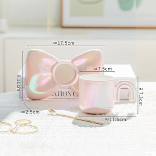 Auramma Collections Funky Kawaii Princess Fairy Radiant Pink Purple Green White Arch Handle Tea Cup Bowknot Plate Set