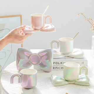 Auramma Collections Funky Kawaii Princess Fairy Radiant Pink Purple Green White Arch Handle Tea Cup Bowknot Plate Set