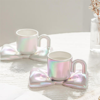 Auramma Collections Funky Kawaii Princess Fairy Radiant Pink Purple Green White Arch Handle Tea Cup Bowknot Plate Set