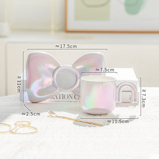 Auramma Collections Funky Kawaii Princess Fairy Radiant Pink Purple Green White Arch Handle Tea Cup Bowknot Plate Set